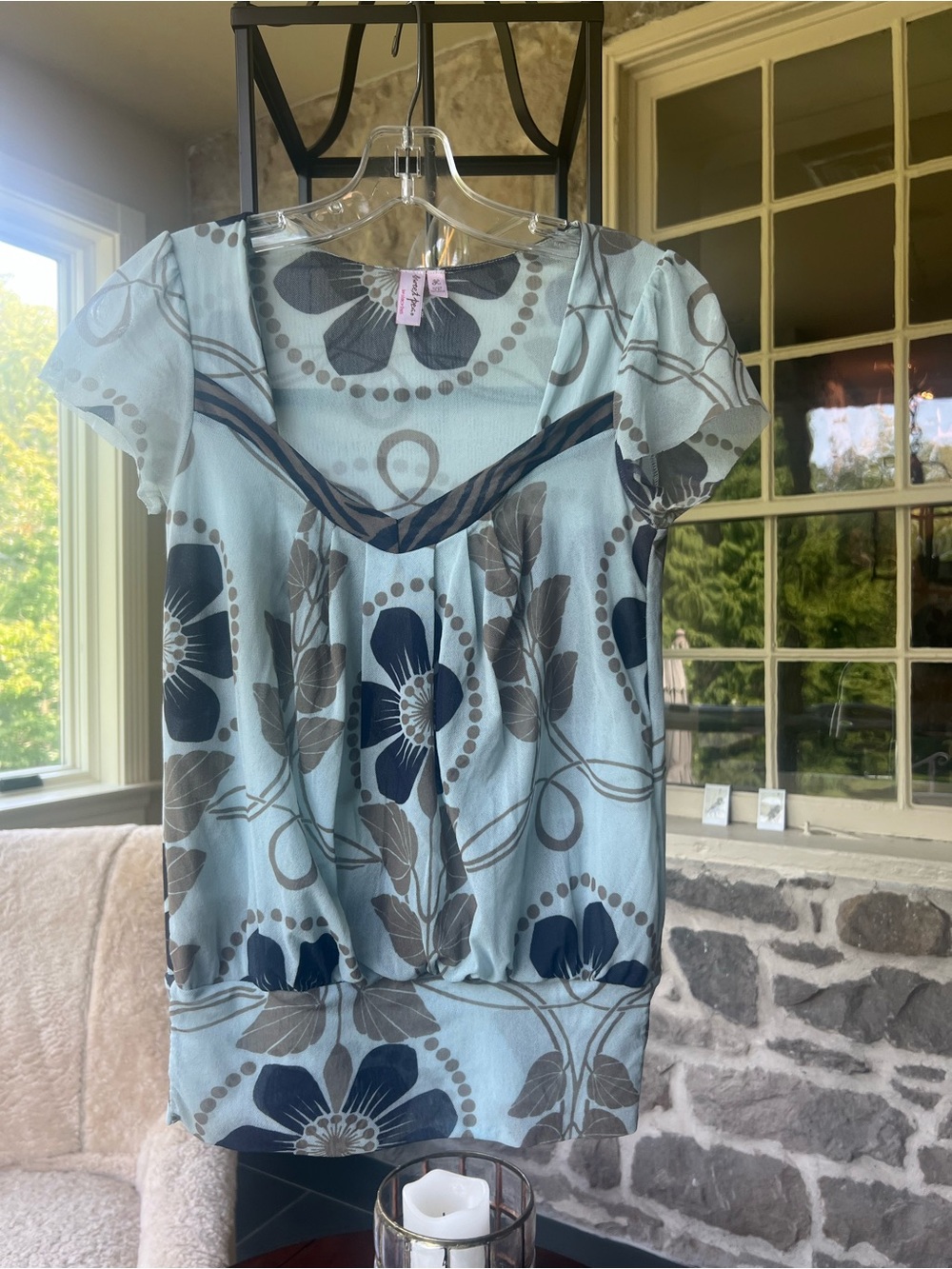 Light Blue Floral Scoop-Neck Women’s Top